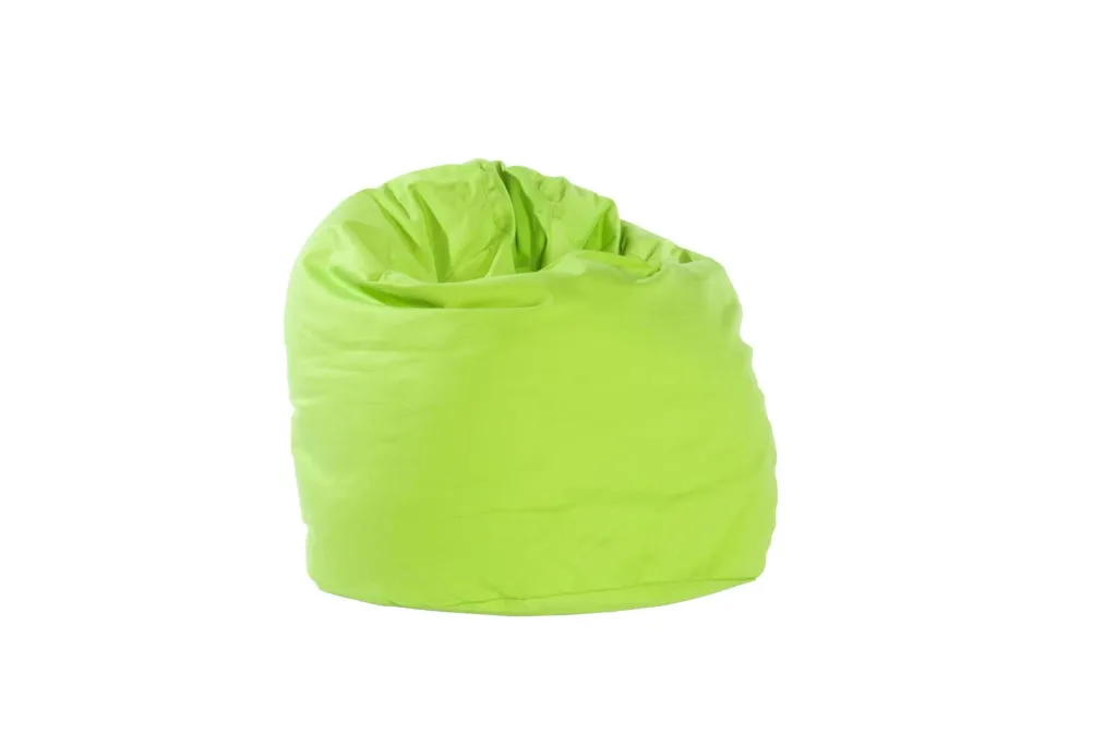 Lime cotton child bean bag with gathered top and rounded base on a white background.