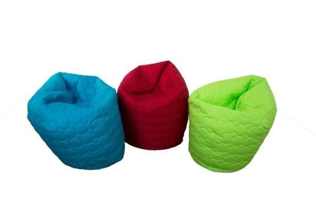 Three padded child bean bags in aqua, red, and lime with quilted covers, arranged side by side.
