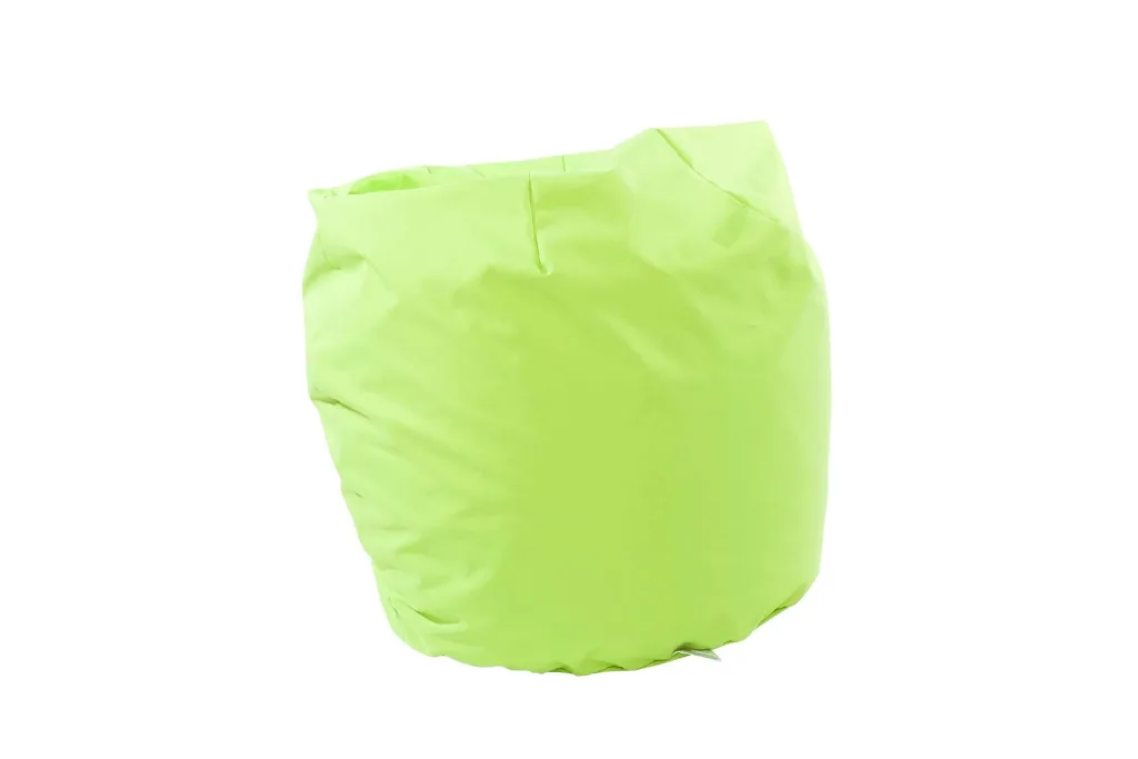 Lime child bean bag with polyester cover, rounded shape and slightly open top against a white background.