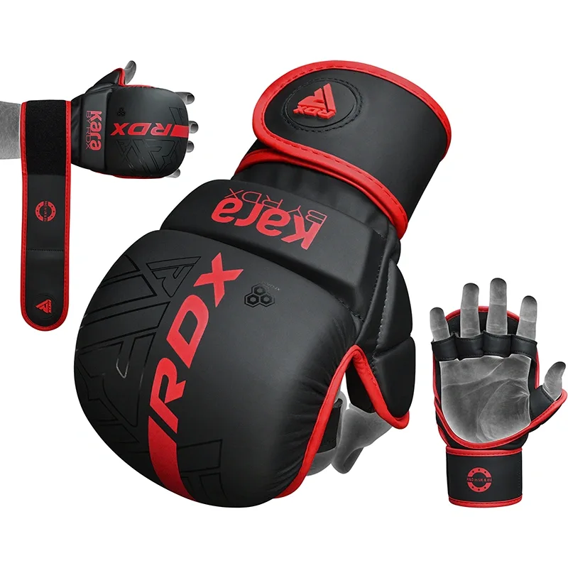 Black and red MMA sparring gloves with open fingers, padded knuckles and velcro wrist straps, made from Maya Hide convex skin.