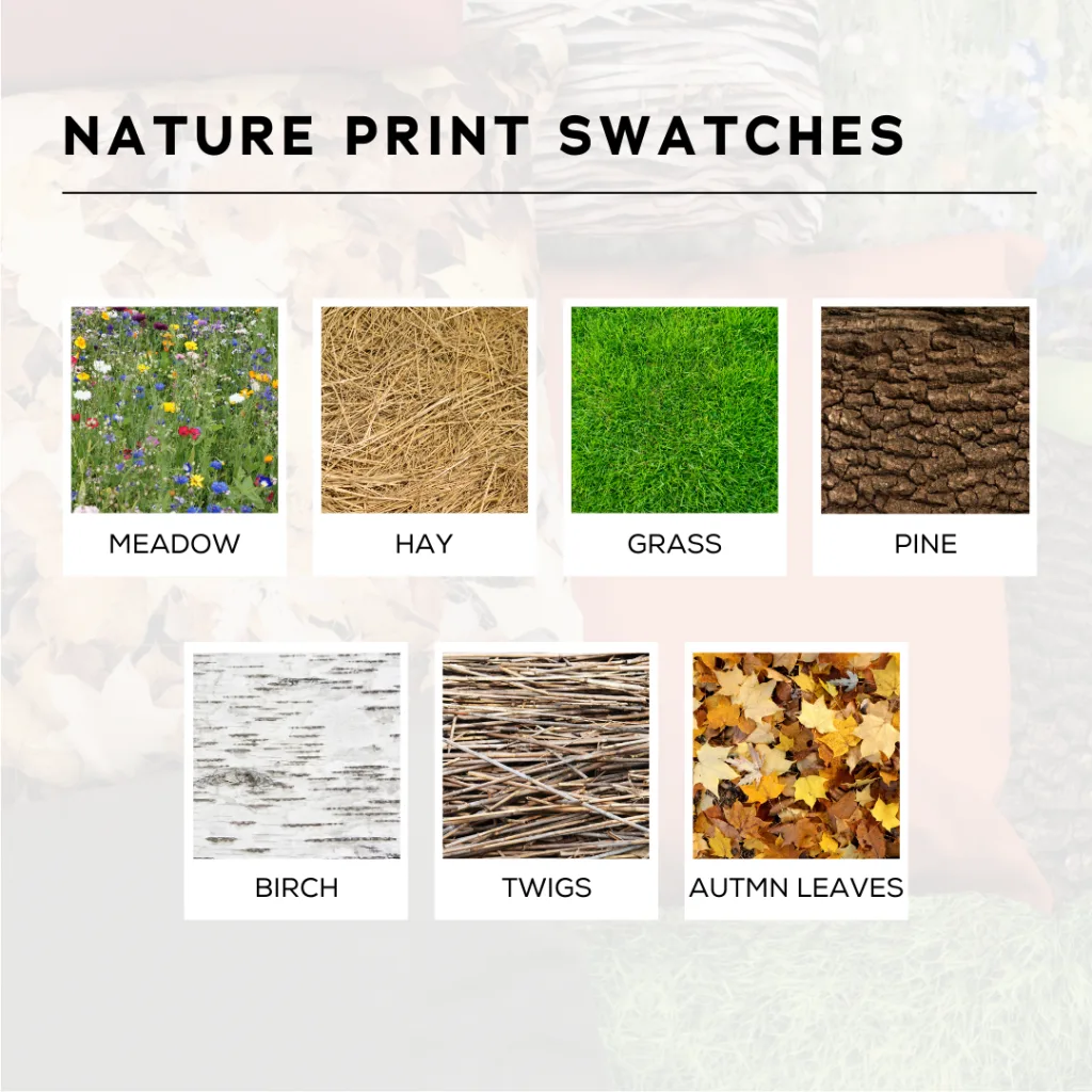 Display of NATURE PRINT SWATCHES showing square samples labeled MEADOW, HAY, GRASS, PINE, BIRCH, TWIGS and AUTMN LEAVES.