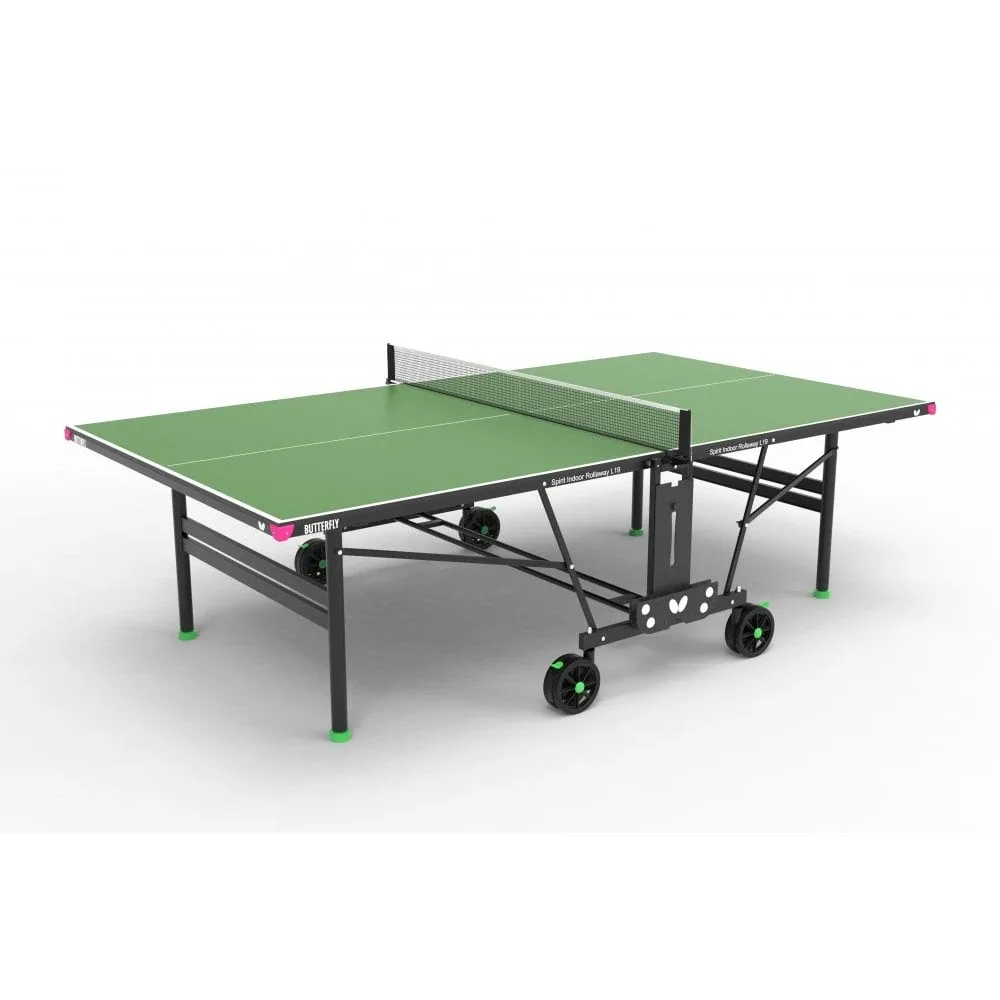 Green table tennis table with a black steel frame, magenta corner pieces, central net and wheels for rollaway storage.