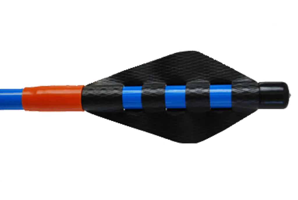 Black textured javelin nose section with three blue grip bands, a black rounded tip, and a blue shaft with orange sleeve.