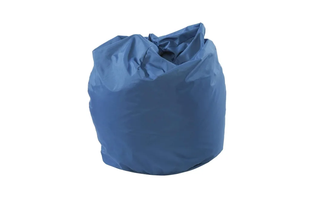 Royal blue child bean bag with polyester cover, loosely filled and slouching.