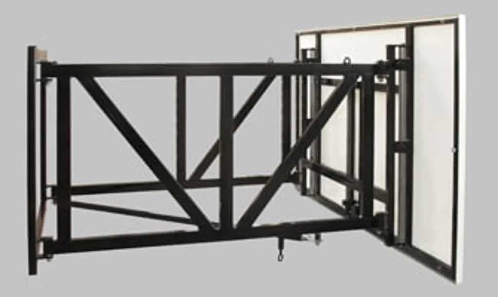 Adjustable wall-mounted black steel support arm with triangular bracing folding out from a white basketball backboard.