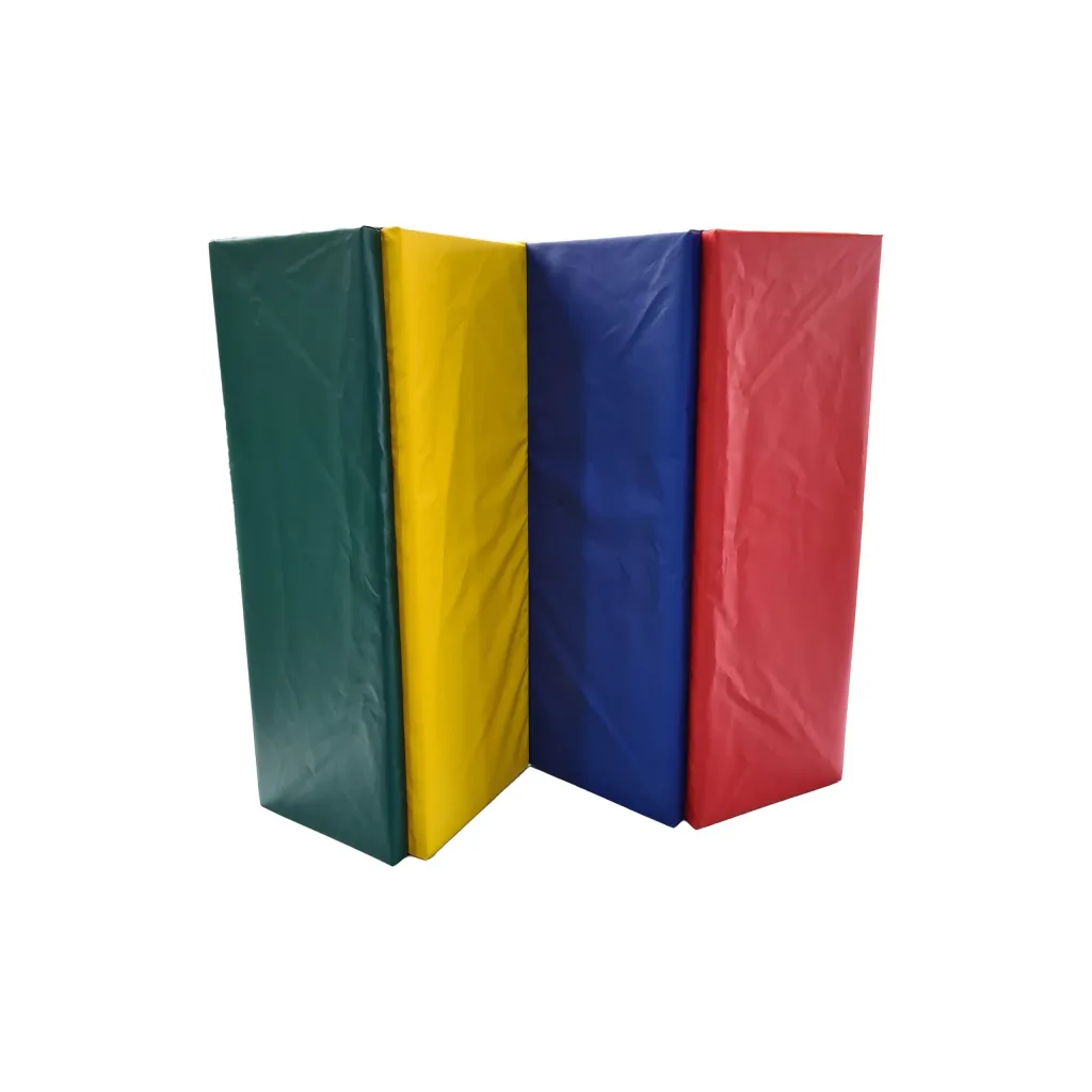 Four-way folding mat with heavy-duty PVC cover in green, yellow, blue and red panels folded upright.