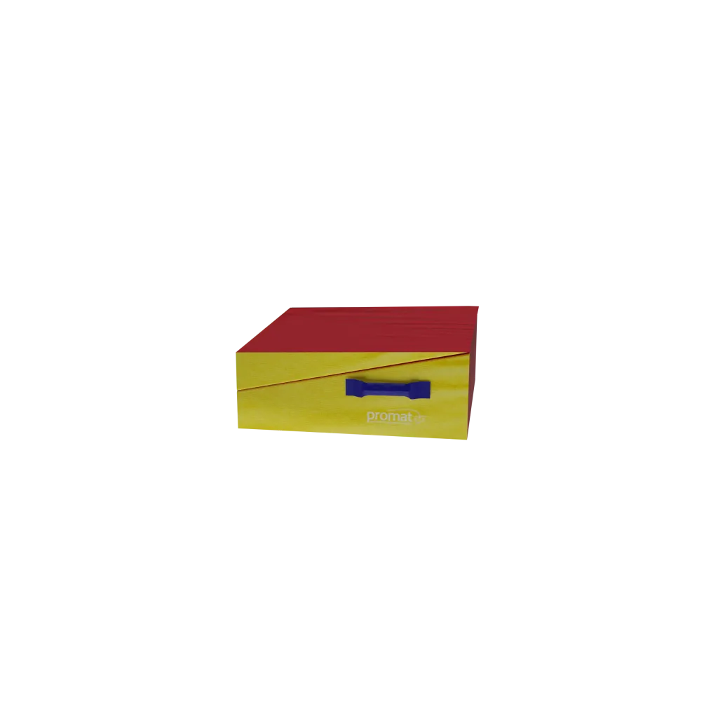 Folded inclined gymnastics wedge with red top, yellow sides and a blue carry handle, shown fastened closed.