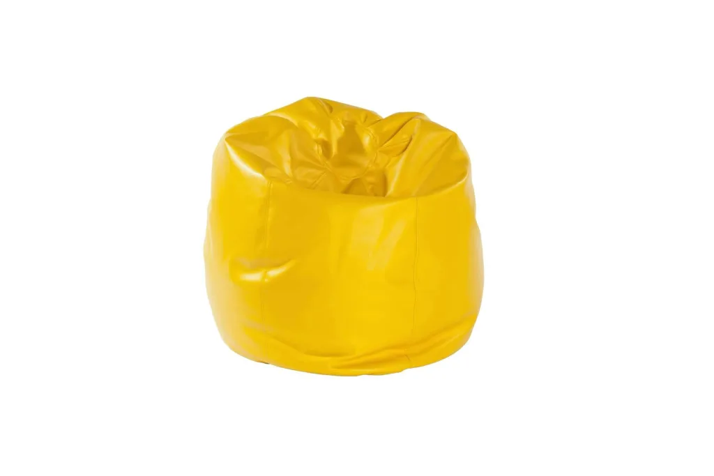 Yellow faux leather child bean bag with rounded shape and visible stitched seams.