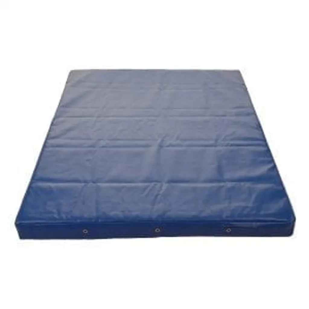 Blue heavy-duty PVC gym mat cover with stitched seams and three metal eyelets along the front edge, shown flat on a white background.