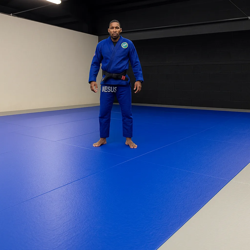 Man in a blue gi standing barefoot on a royal blue MMA mat, "UESUS" printed on his pants.
