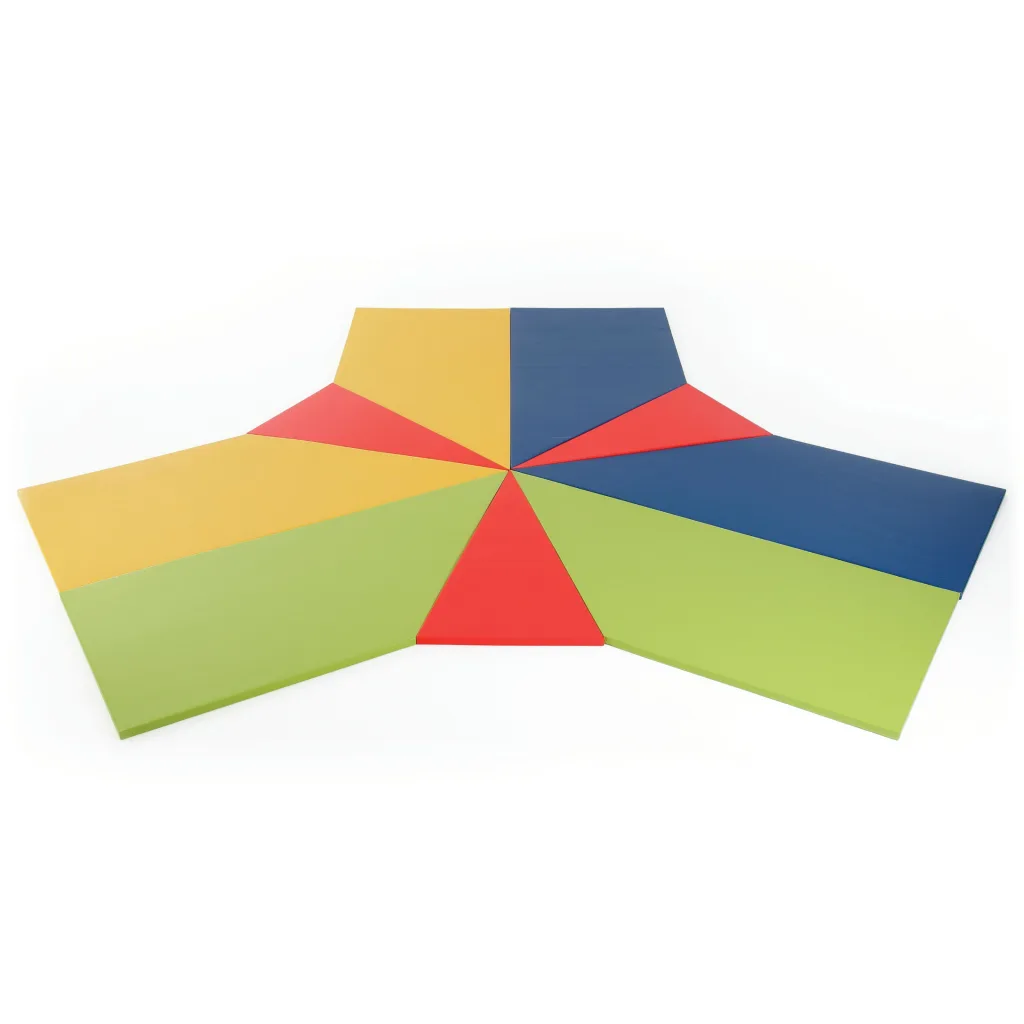Six-piece climbing frame mat set arranged like a star with alternating yellow, blue, red and green wedge-shaped panels.