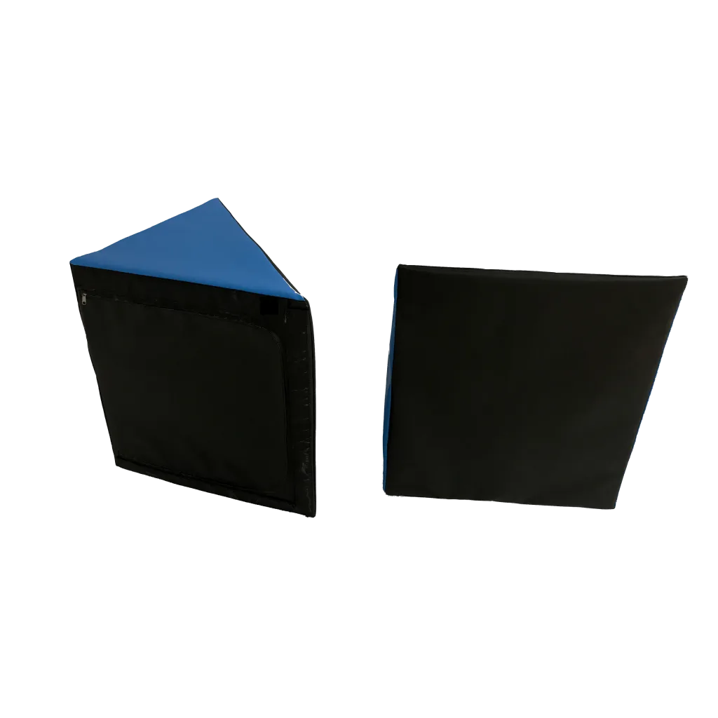 Two wedge-shaped foam steps with heavy-duty flame-retardant black PVC covers and blue tops, one showing a zipper and hook-and-loop edge.