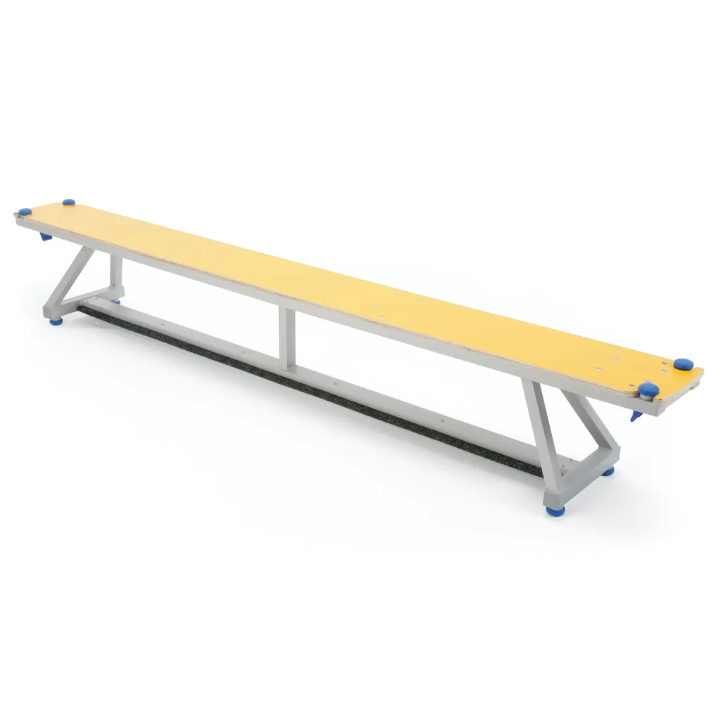 Aluminium-framed bench with a timber top, rubber feet and trestle supports.
