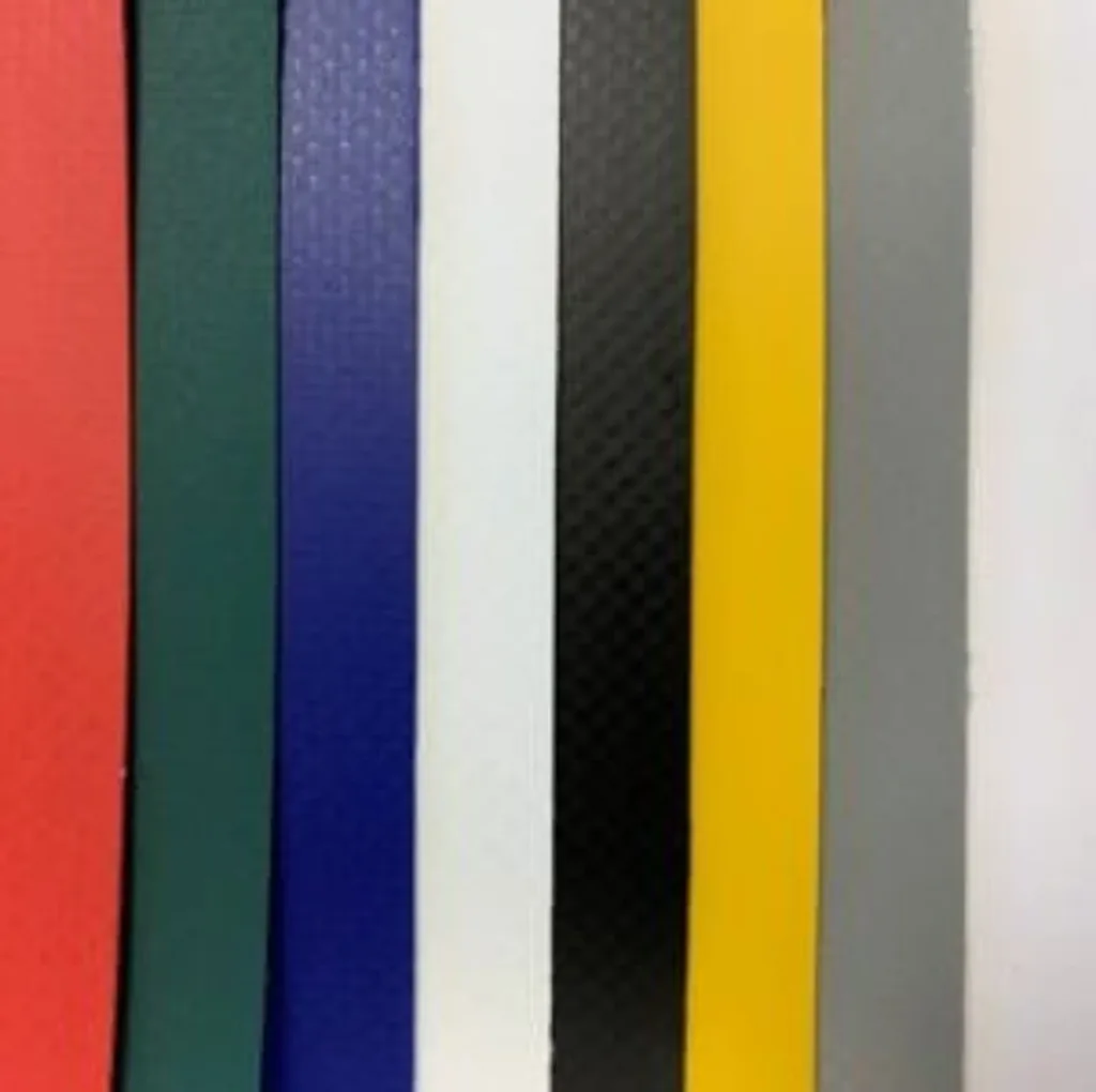 Vertical vinyl mat cover samples in various colors shown as narrow parallel strips.