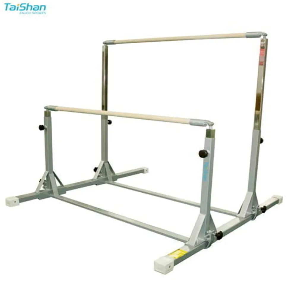 Kids uneven bars with two adjustable horizontal bars on a carbon steel frame and stabilizing base supports.
