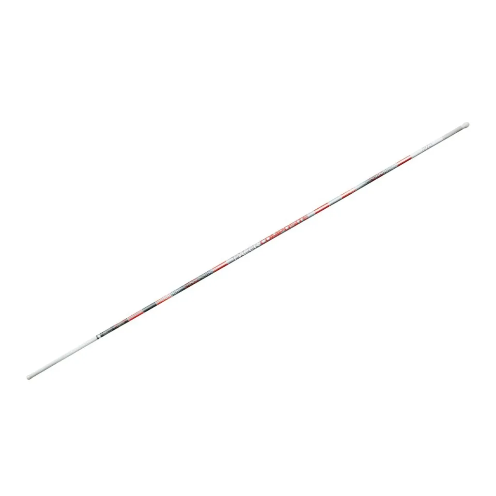 Composite pole vault pole made from TS-Fiber, carbon fiber, and S-Glass with a patterned midsection and plain end caps.