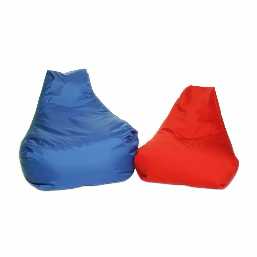 Blue and red child bean chairs with back support in indoor/outdoor polyester, placed side by side on a white background.