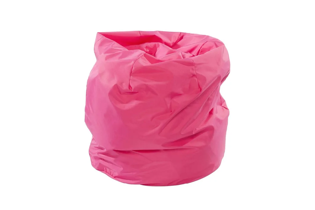 Child-sized hot pink polyester bean bag with a slouched, crumpled round shape.