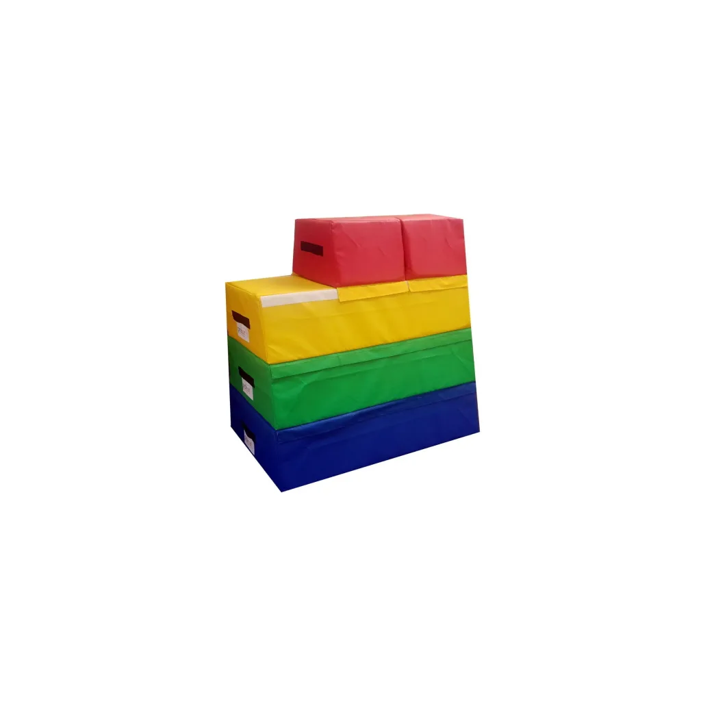 Four-section foam vaulting box with triple top, stacked red, yellow, green and blue PVC-covered sections with carrying handles.
