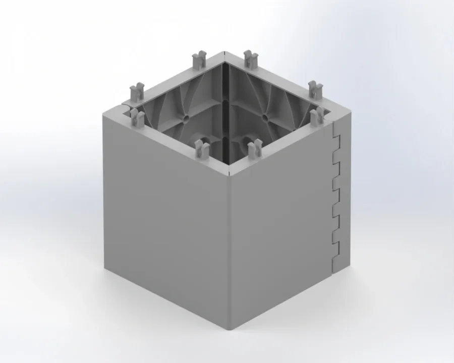 Gray hollow square modular block with interlocking tabs around the rim and internal ribbing visible inside.