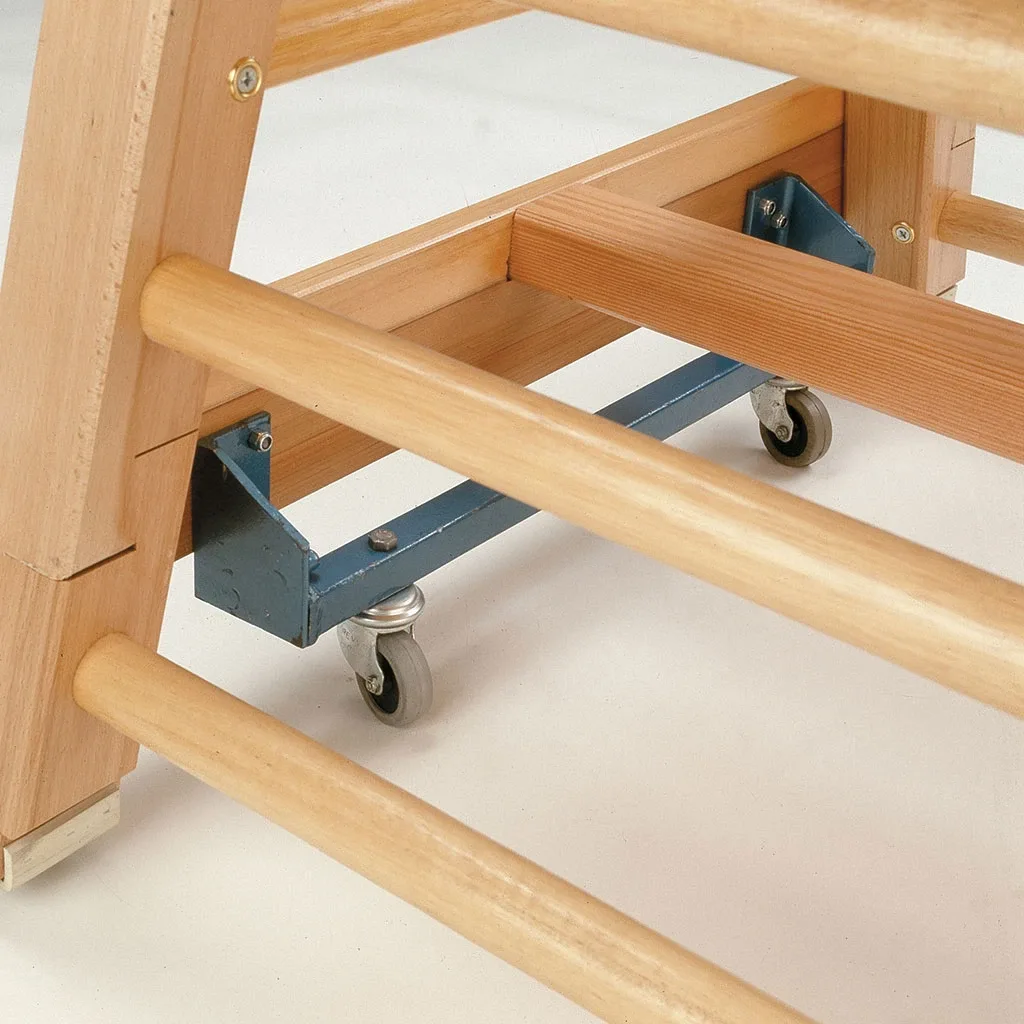Bar box base showing wooden frame and round wooden rungs, blue metal castor brackets and grey caster wheels.