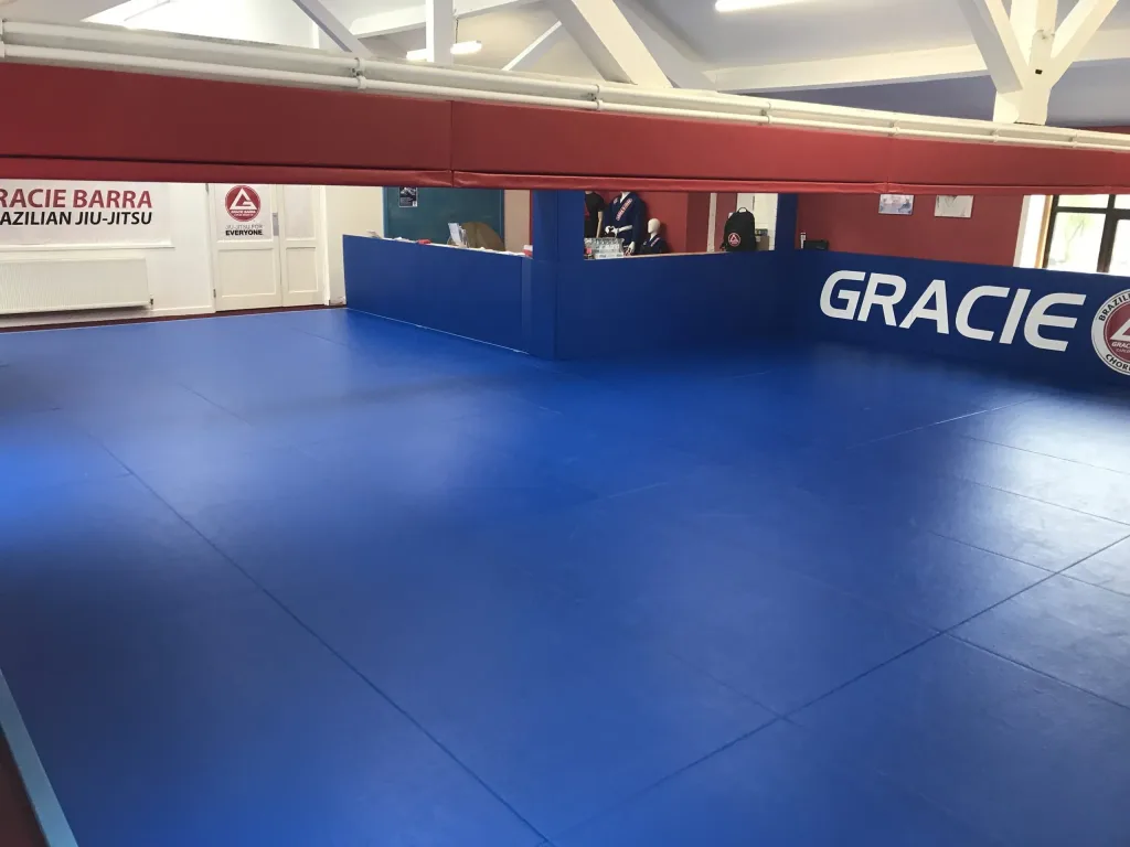 Royal blue BJJ mats cover a martial arts training area with padded walls and GRACIE signage.