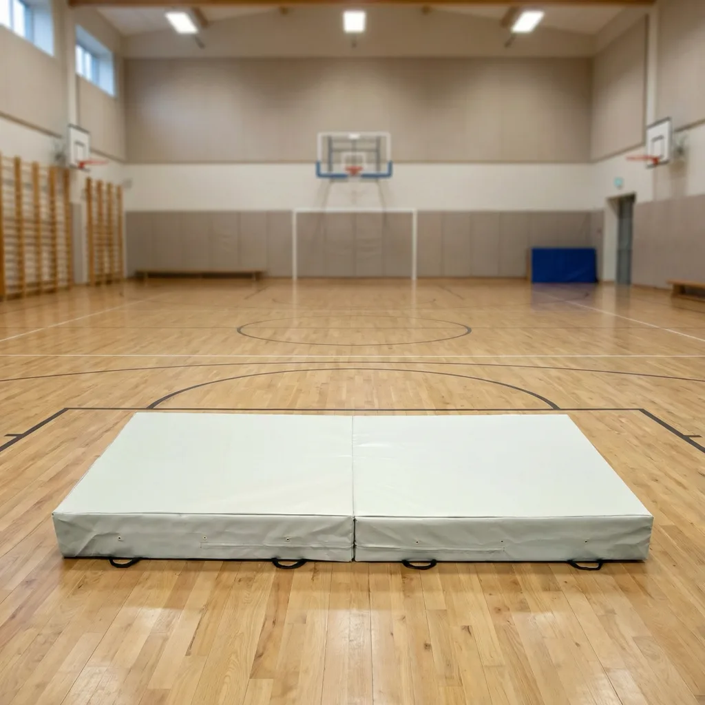 Folding safety mat with heavy-duty PVC cover, carry handles, and anti-slip panels folded on a gym wooden floor before a basketball hoop.