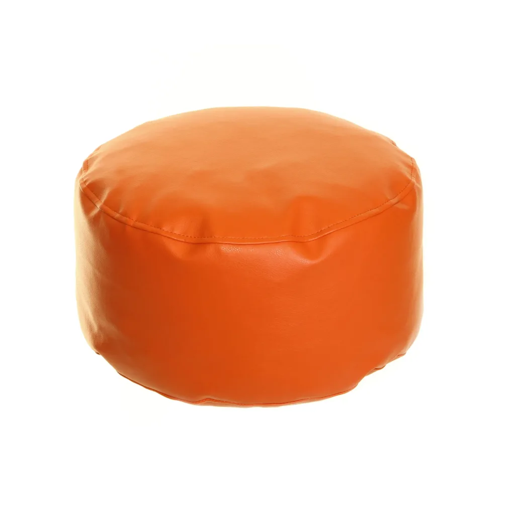 Round bean pod in orange faux leather with a smooth surface and visible top seam.