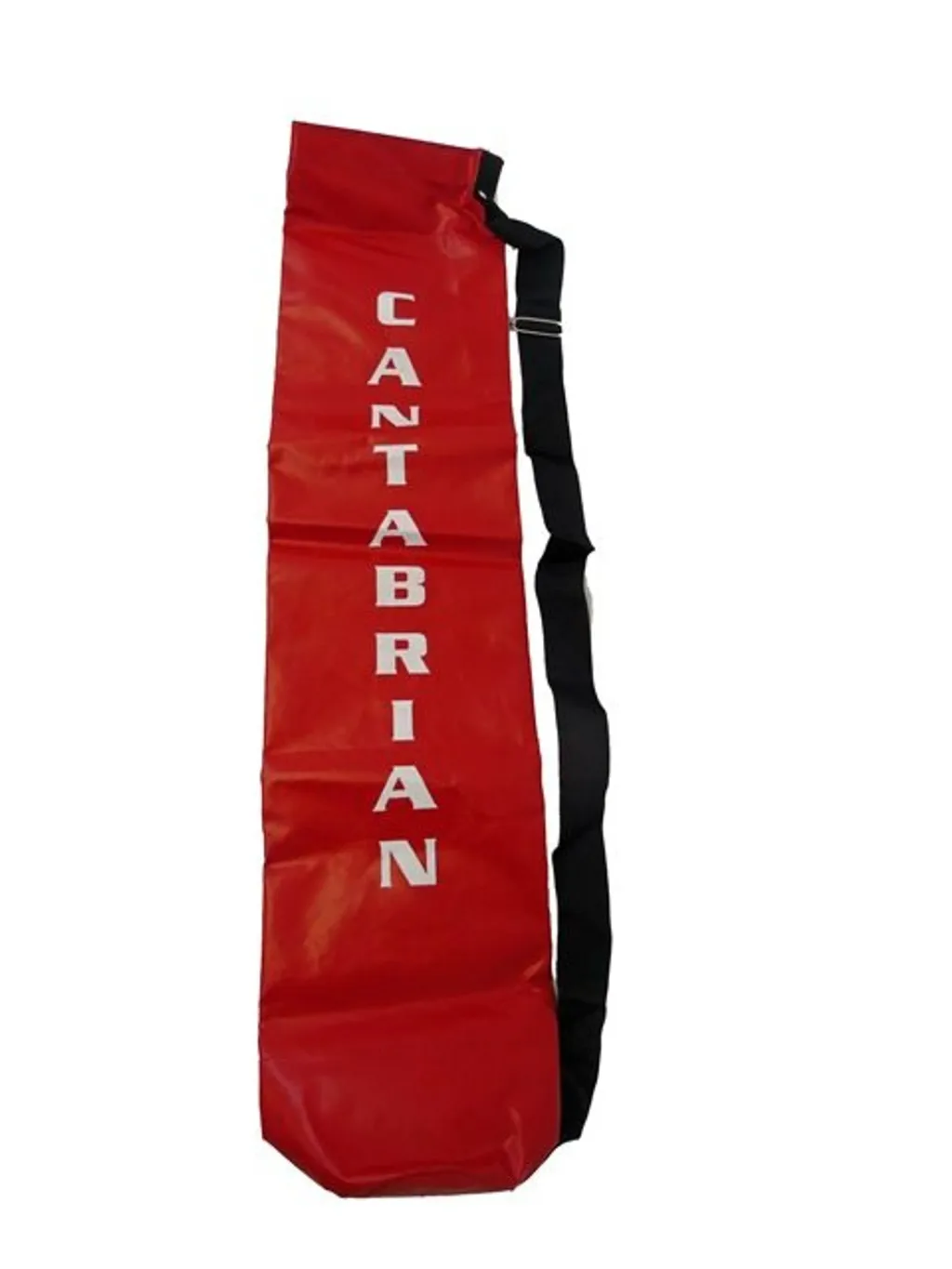Red reinforced PVC hammer bag with vertical white text "CANTABRIAN", black adjustable shoulder strap, and padded bottom.