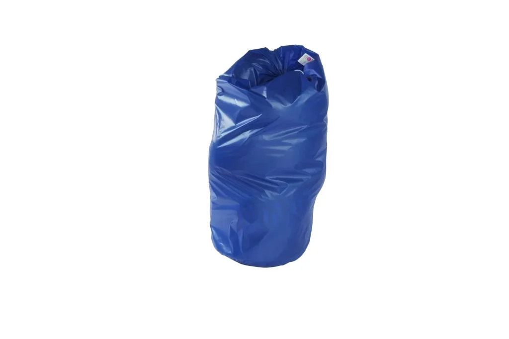 Blue faux leather child scatter cushion standing upright, crumpled with visible creases on a white background.