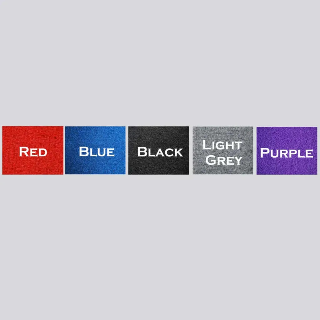 Five rectangular carpet swatches labeled Red, Blue, Black, Light Grey and Purple.
