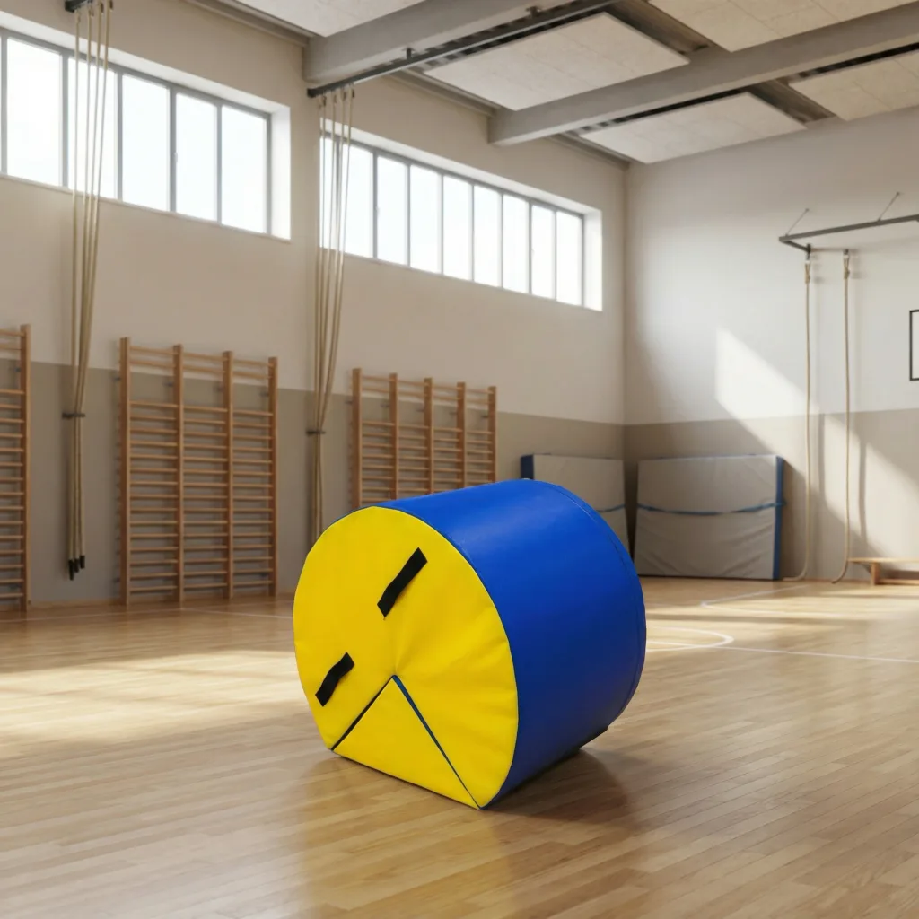 Large blue and yellow PVC-covered cylindrical roller block with black handles on a wooden gym floor in a bright sports hall.