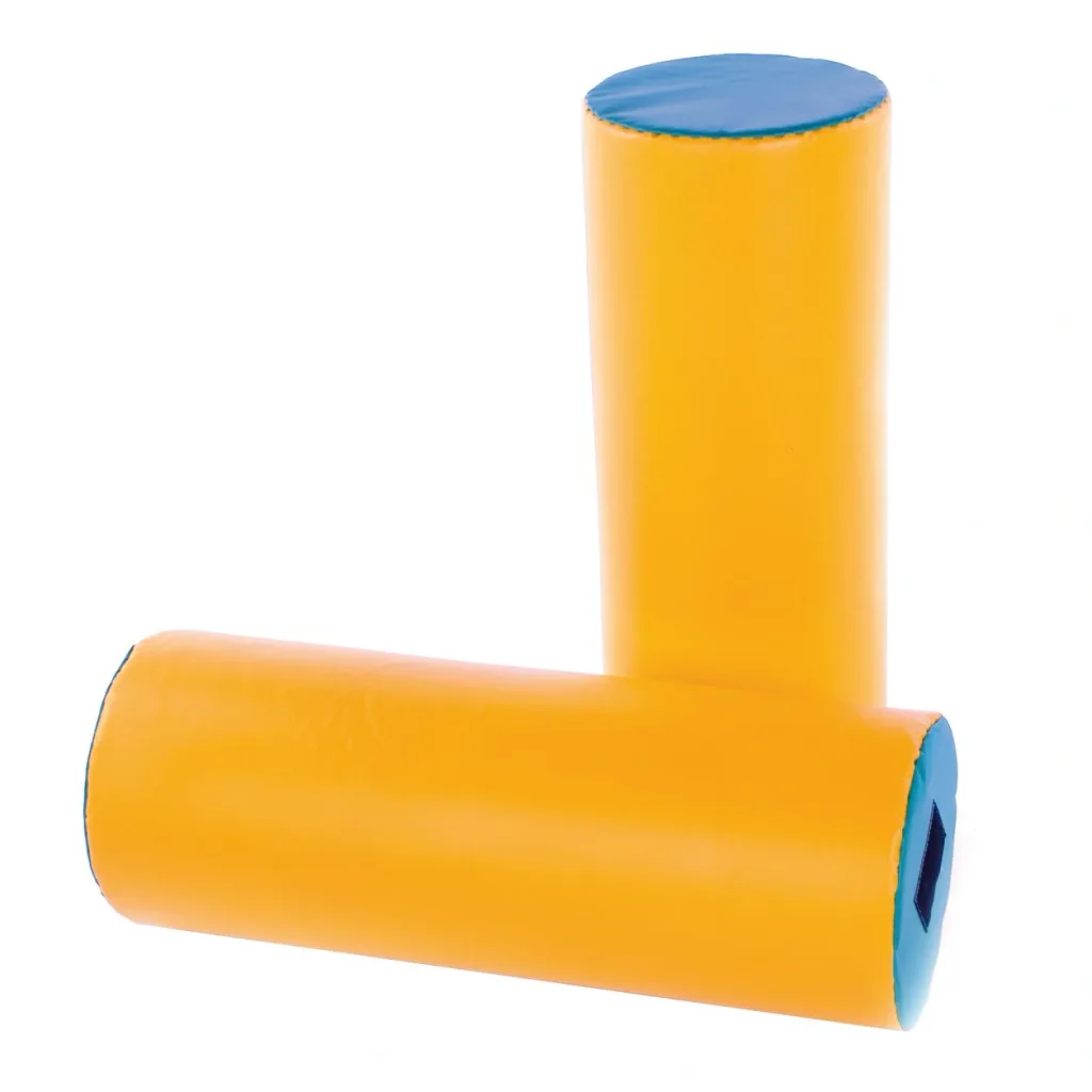 Two orange soft-play foam cylinders with blue circular end caps arranged in an L shape.