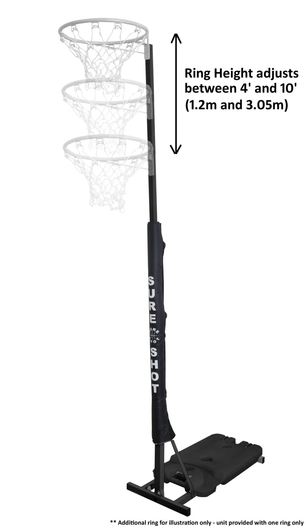 Adjustable netball post with silver ring, white nylon net and black pole/ballast; text: 'Ring Height adjusts between 4' and 10' (1.2m and 3.05m)'.