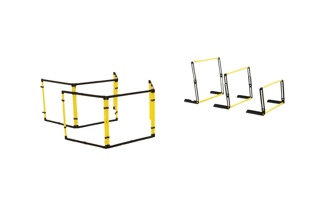 Pack of six yellow and black training hurdles arranged as a connected ladder on the left and three separate hurdles on the right.