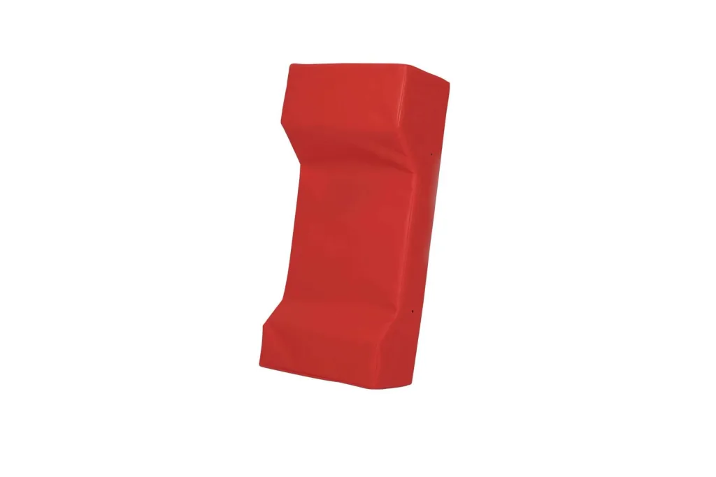 Red rucking shield with sewn heavy-duty PVC cover and shock-absorbing foam core, rectangular padded surface with angled impact areas.