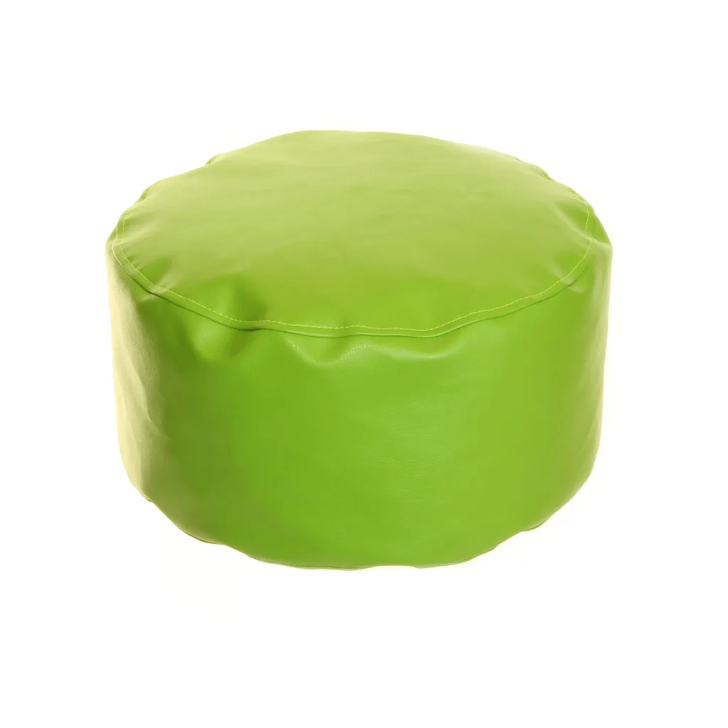 Bright green round bean pod in faux leather with stitched top seam and smooth cylindrical shape.