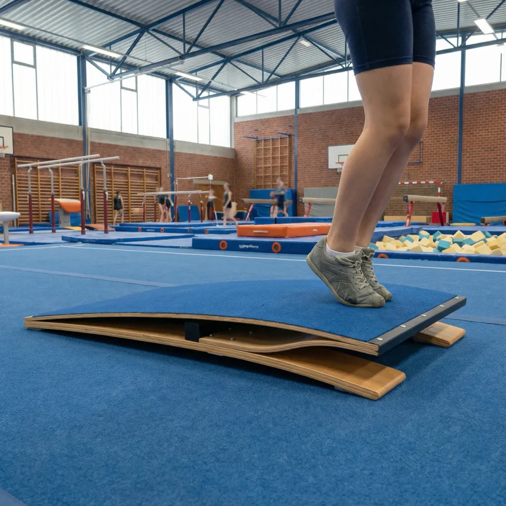 Carpet-covered springboard with a person's lower legs and feet on it in a school gymnasium.