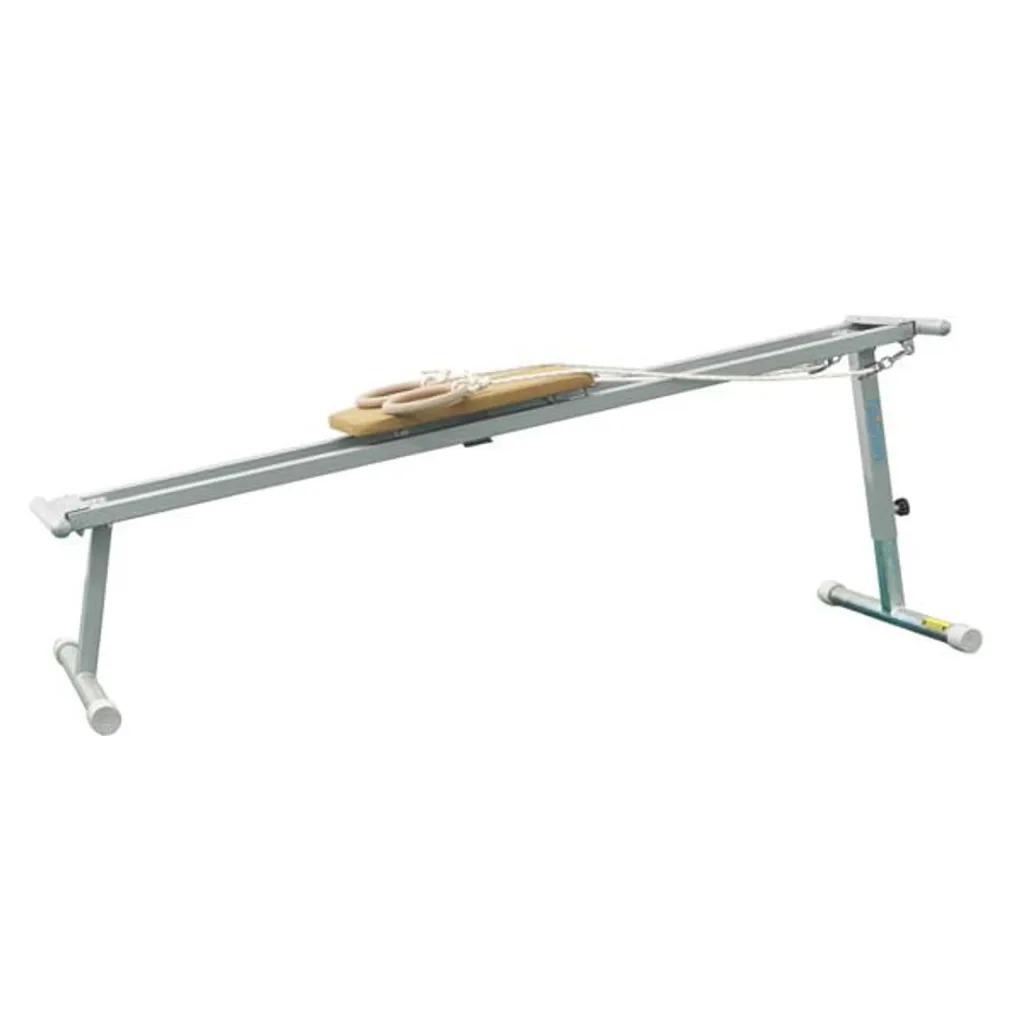 Galvanised carbon steel arm strength bench with a sliding padded carriage holding foam-covered plywood rings on pulley ropes and adjustable legs.