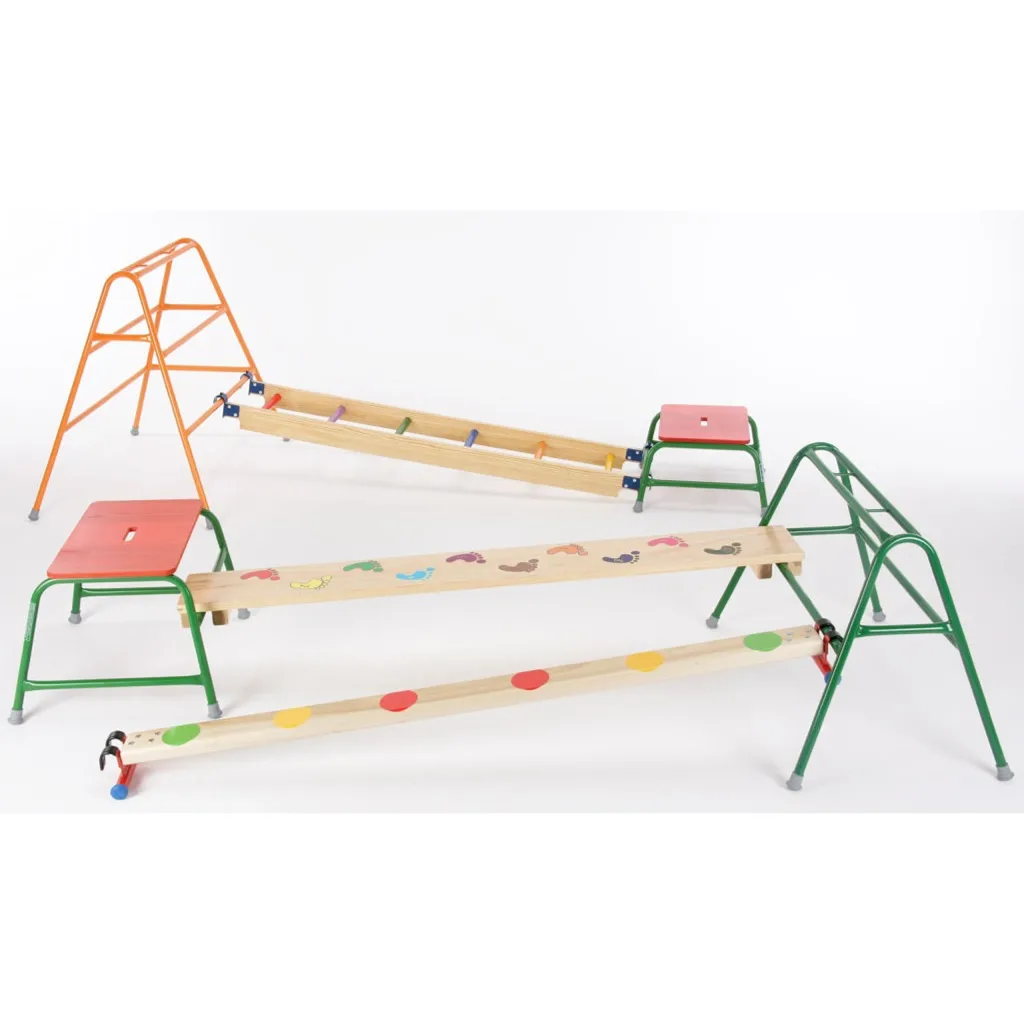 Children's agility set with wooden balance planks decorated with colored dots and footprints, supported by green and orange trestles and red stools.