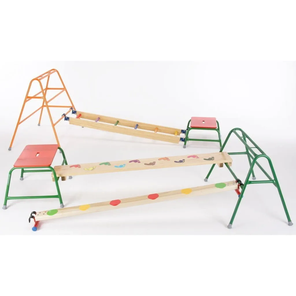 Three wooden balance beams with colored dots and painted footprints supported by green and orange metal trestles, with red-topped stools on a white background.