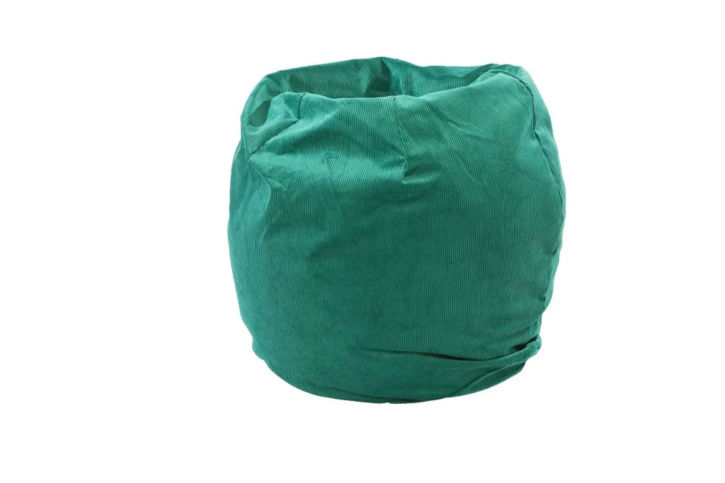 Turquoise polyester child bean bag with corduroy texture and slightly collapsed top on white background.