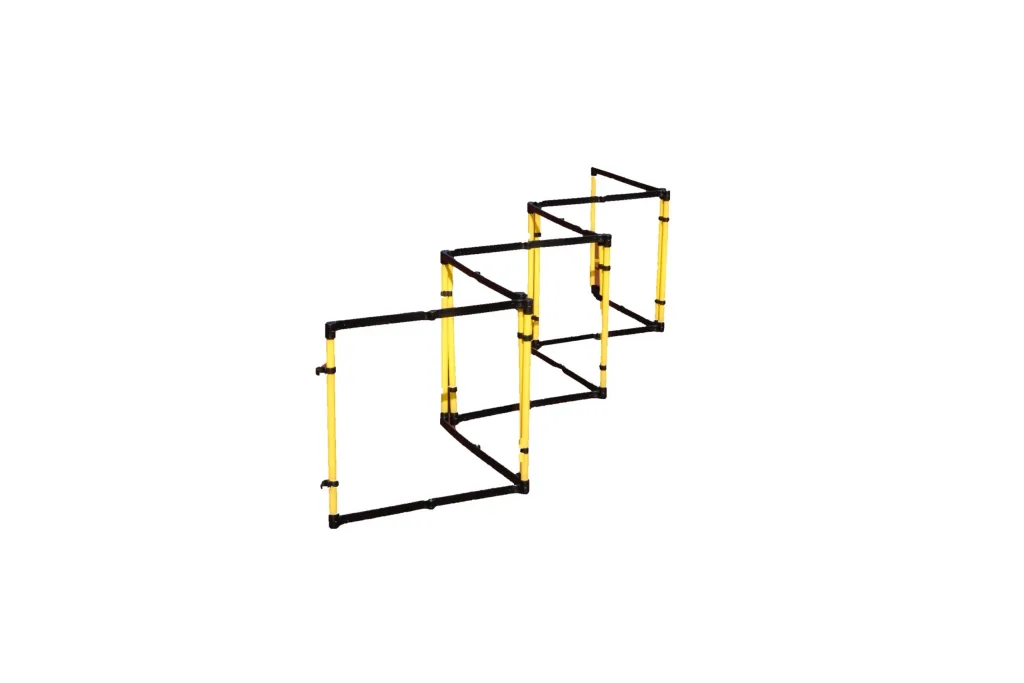Pack of six yellow and black hurdles linked into successive square frames to form an agility ladder.