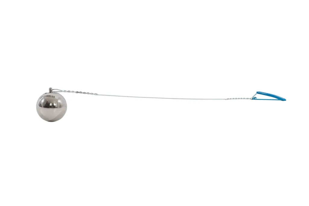 Stainless steel Cantabrian hammer ball with twisted wire and blue handle.