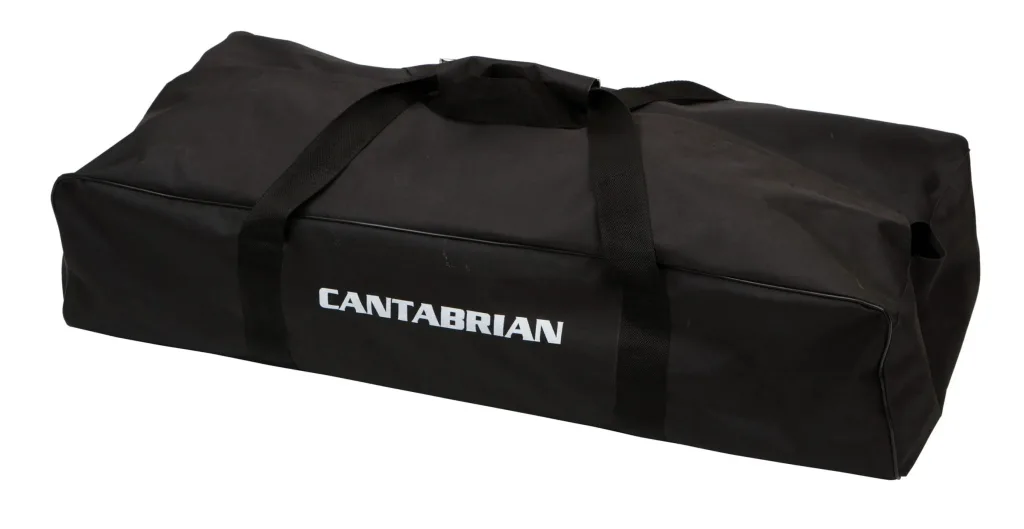 Black starting block bag with carrying straps and hard base, printed text CANTABRIAN on the side.