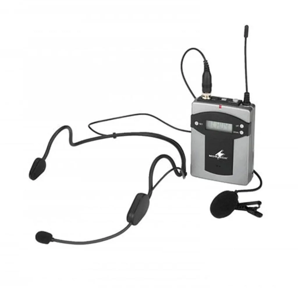 Portable wireless start system receiver with antenna, wired headset and clip-on microphone on a white background.