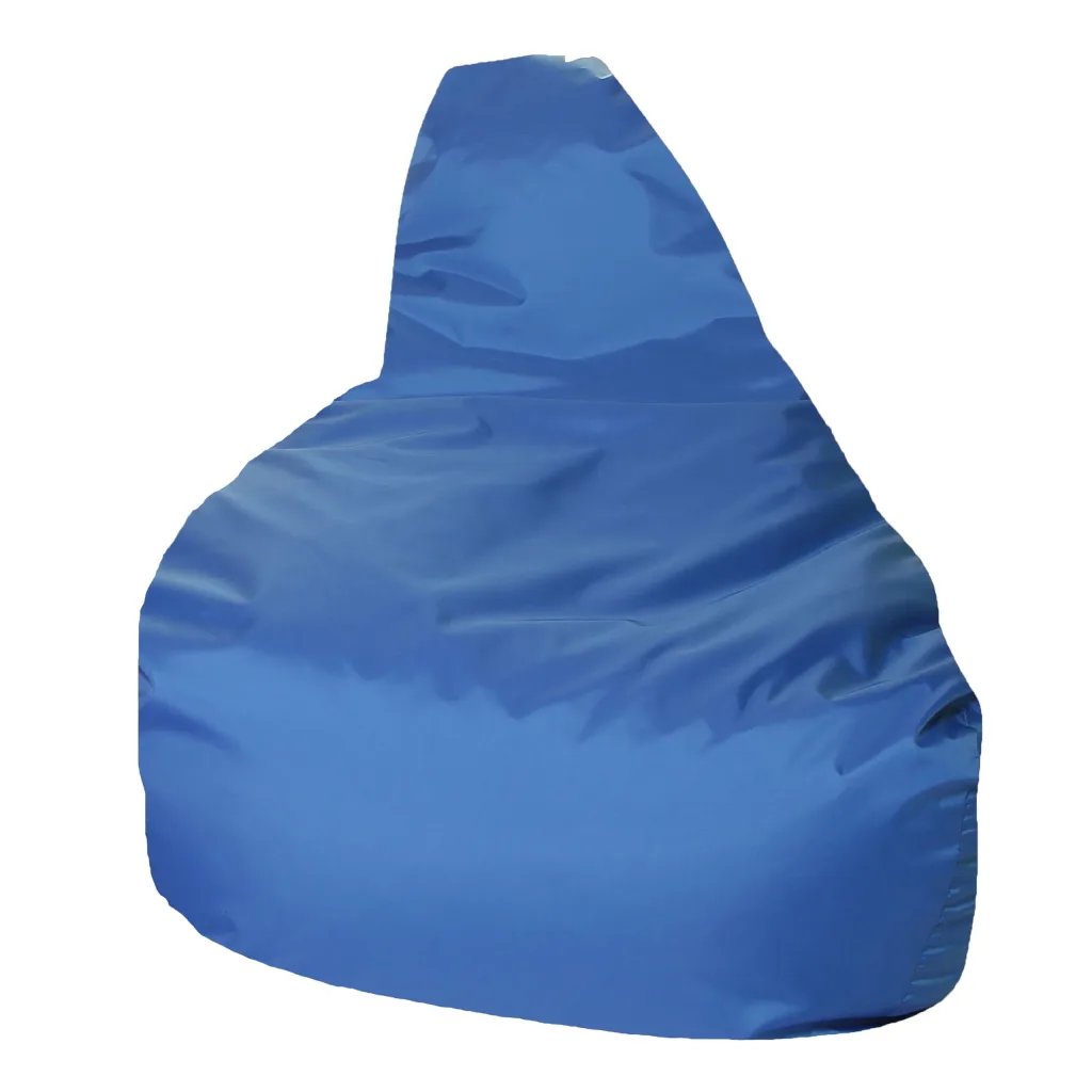 Child-sized pear-shaped bean bag in blue polyester with a tall back and creased surface.