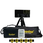 Black carrying bag, a small white timing unit on a rack with four yellow cable clips, and a digital display reading 1:10:42.