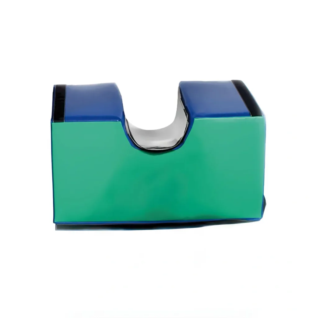 Green rectangular gymnastics support block with a blue padded top, black edging and a central U-shaped white-lined cutout.