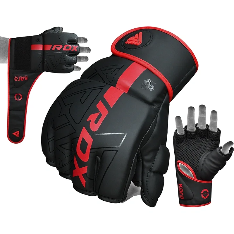 Black and red gloves labeled RDX and kara with fingerless mesh palms, wraparound wrist straps, and convex skin maya hide leather.